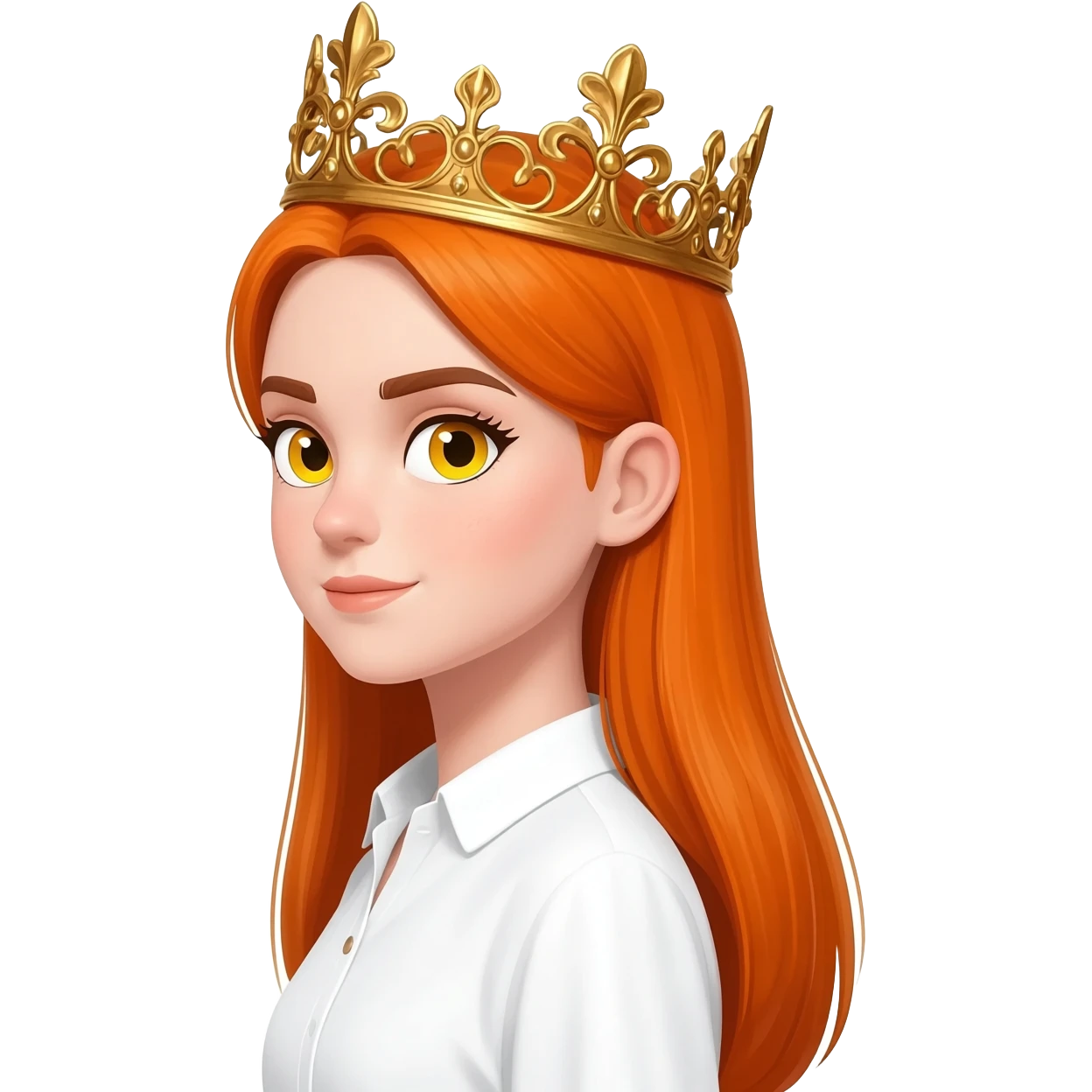 White girl with orange long straight hair and yellow eyes with a crown on her head and a white shirt on brown eyebrows and her hair to the side not on her forehead emoji