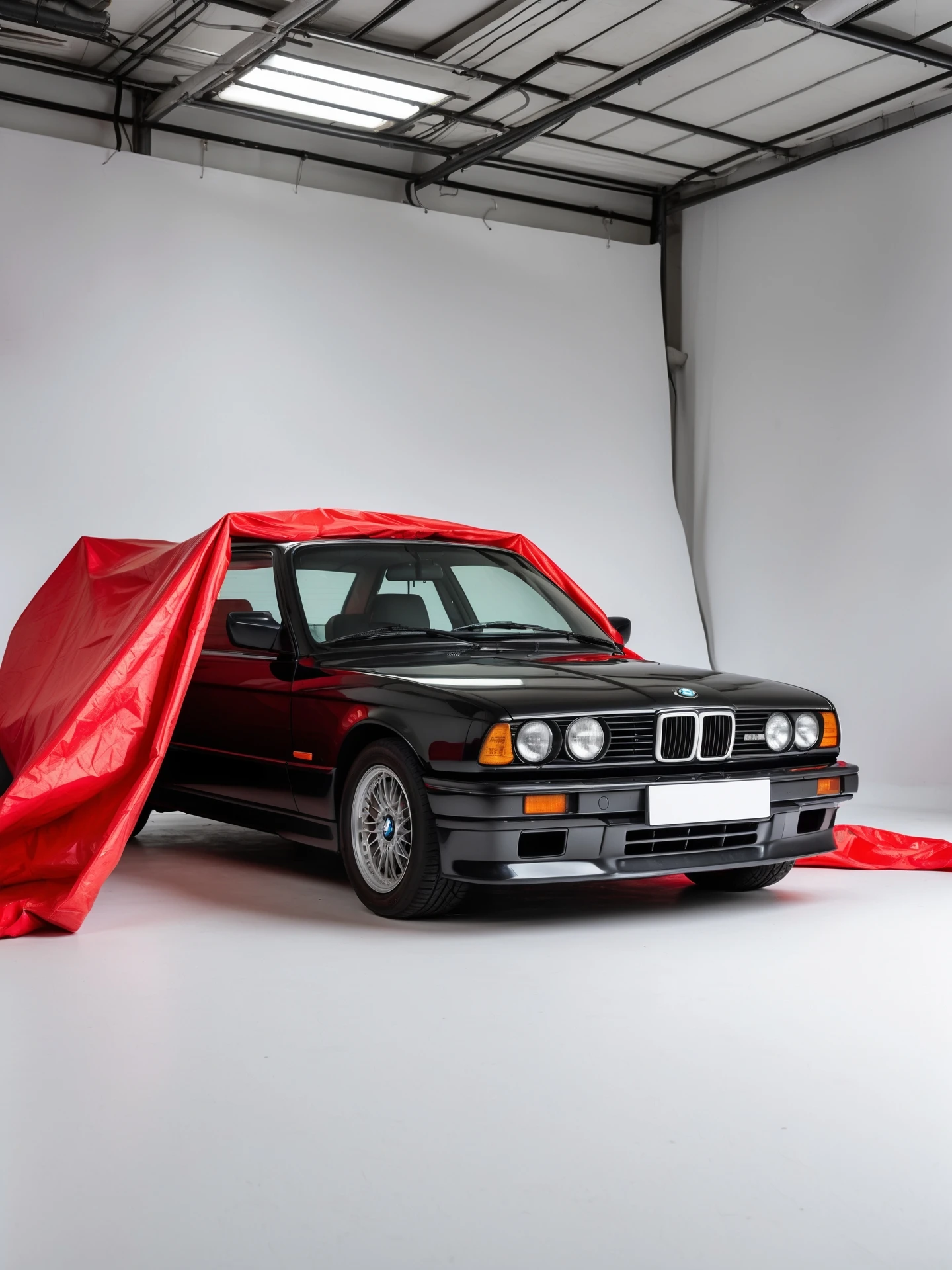 studio photo on a pure white background old black BMW E34 car is visible from under a red tent cover emoji