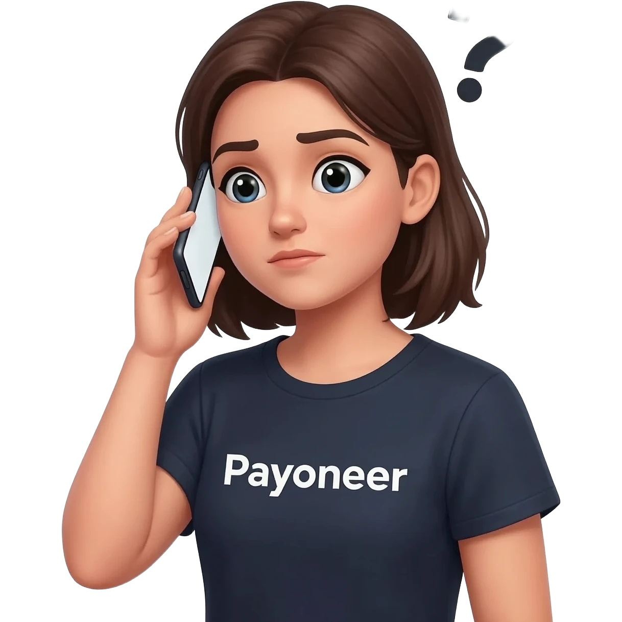 Girl looking at her phone with wondering face and a question mark wearing dark tshirt with payoneer written on it not a logo, just a word in the same font as on logo emoji
