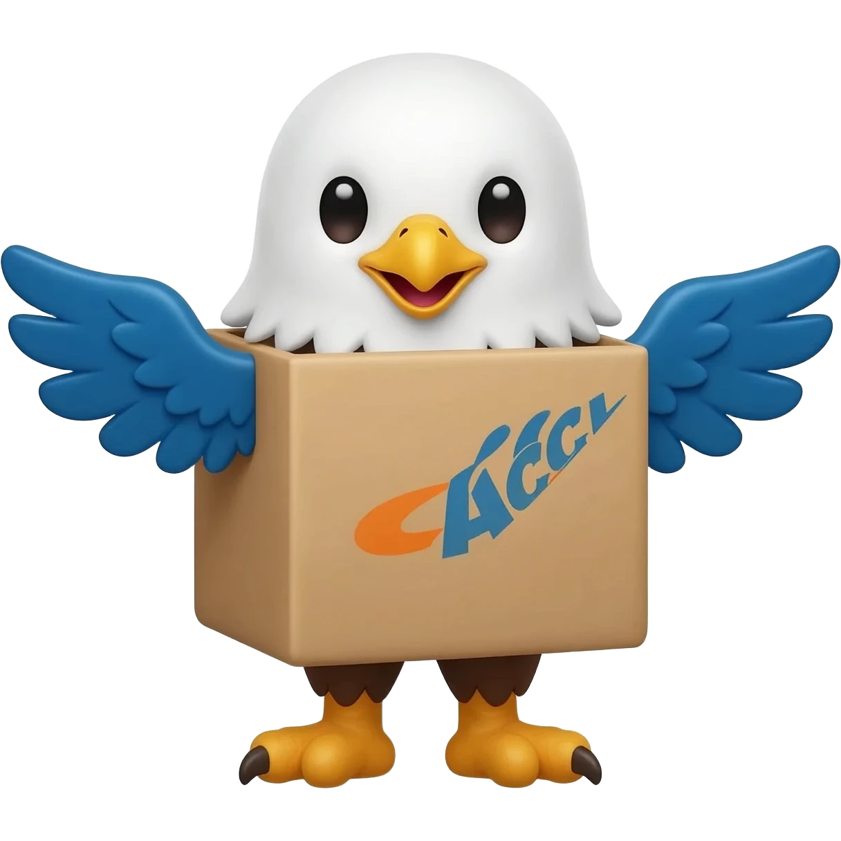 cute mascot inspired by an eagle and delivery package, smiling and waving hello, small wings like the ACPL logo eagle, blue and orange colors, friendly chatbot character, flat vector emoji style, rounded shapes, clean white background emoji