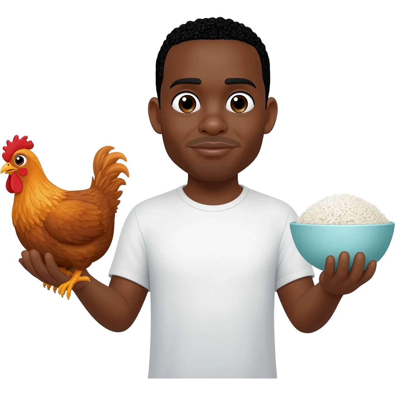a black guy with chicken in this left hand and a rice in this other emoji