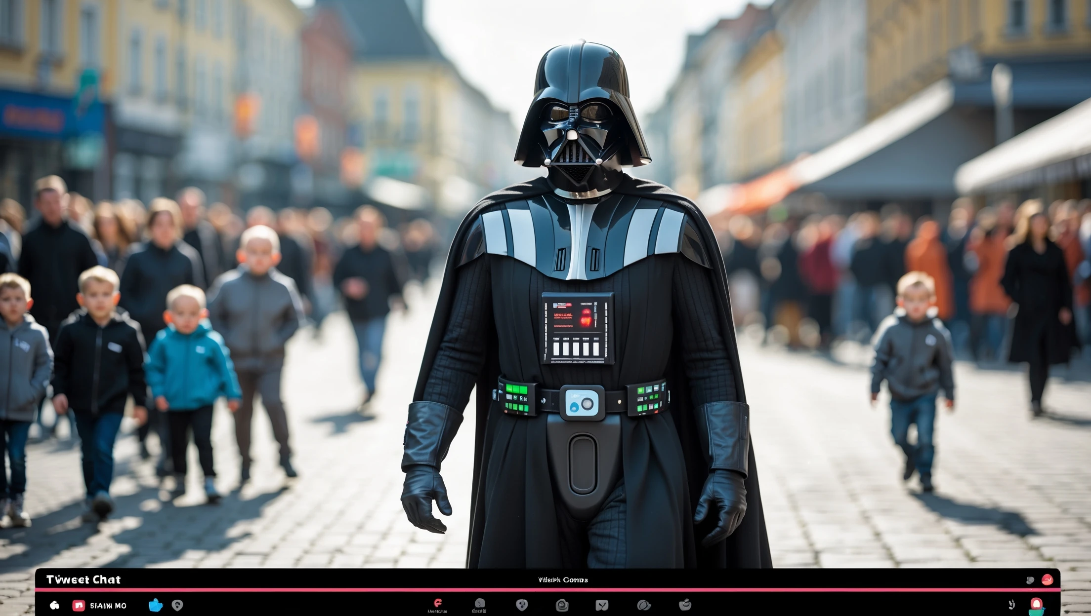 Cinematic still of a darth vader walk through poznan city down town, sunny day, crowd of baby yoadas around him, he is live streaming on twitch, we can see twitch chat ui, selfie camera holding in hand front camera emoji