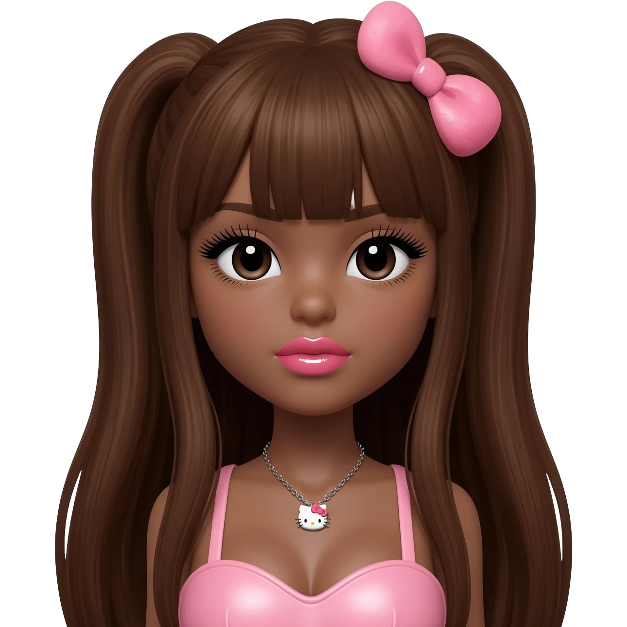 heart shaped lips, cute glossy lips, doll eyes with long lashes, dark brown skin, long brown hair, big chest, hello kitty necklace, one bow clip, bimbocore outfit, (NO BANGS) emoji
