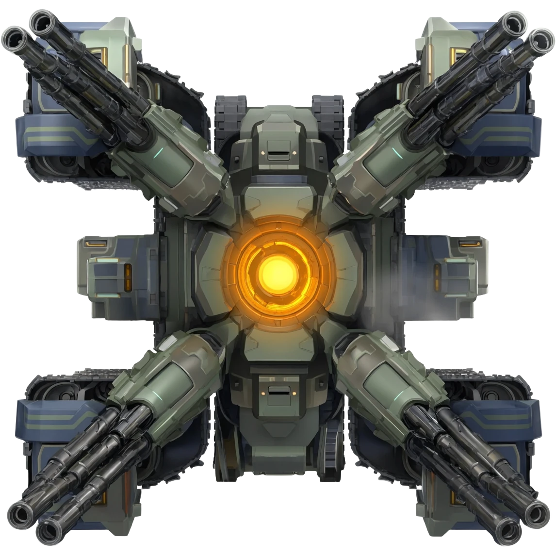 A top down view of an end level boss robot drone with tank track, in a cyber punk futuristic style far beyond what is currently available today, from the year 3000, the camera needs to be directly above the end boss robot drone looking down emoji