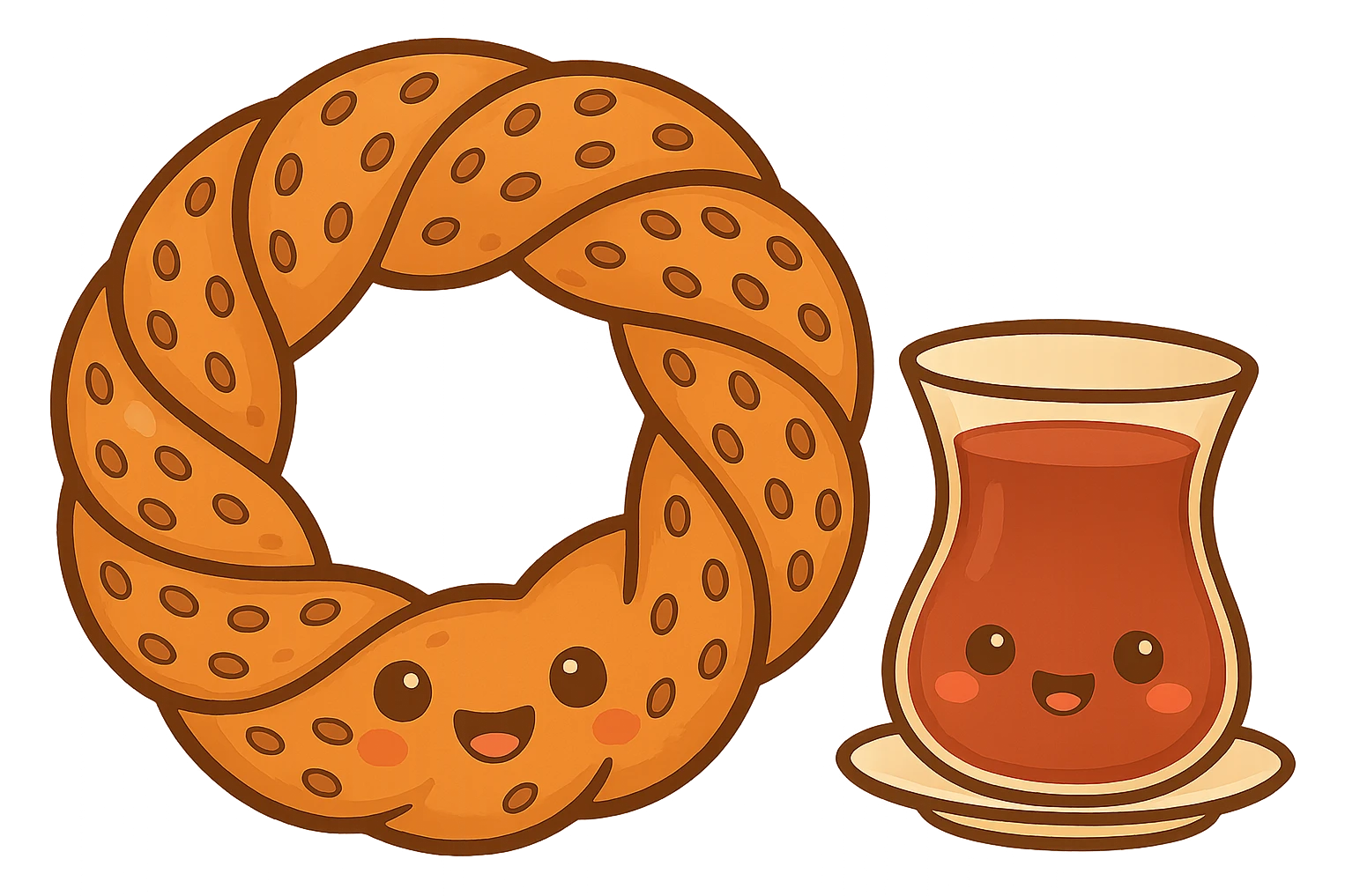 Add a traditional Turkish tea glass next to the simit, keeping the fun and appealing chibi sticker style, with no background. emoji