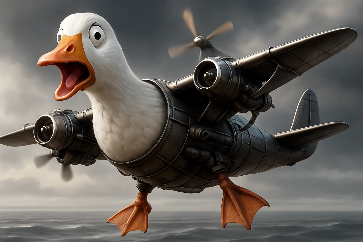 Change the expression of the goose-plane creature to surprised, keeping all other details and colors the same, in a style consistent with the original image. emoji