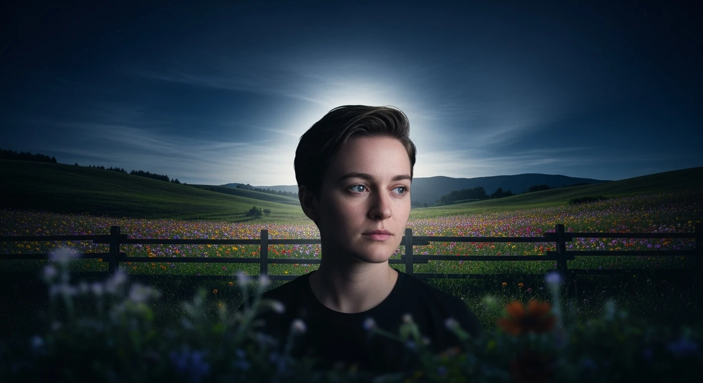 A portrait of a white person in the foreground, blurred plants in the foreground, a wooden fence and colorfull flowers in the midground, rolling hills in the background, cinematic depth of field, layered composition, moon back light (Blue night) emoji