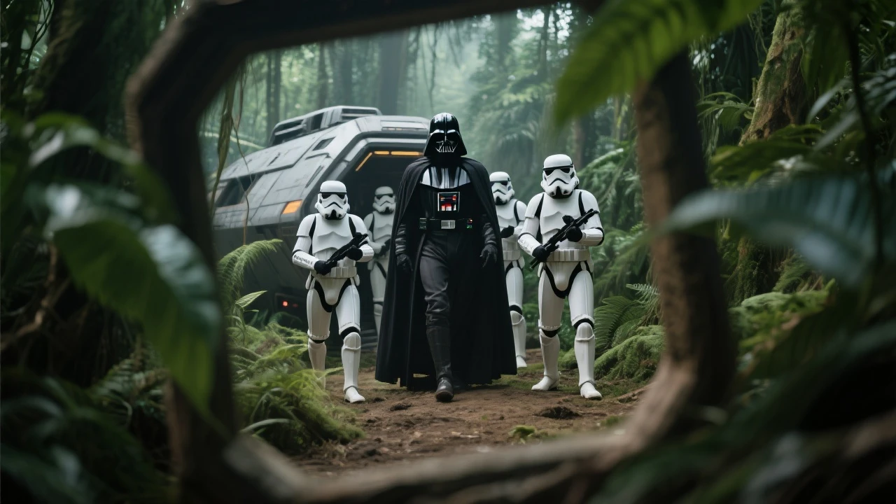 cinematic still, Closeup shot, amazon jungle,  blurred plants in the foreground (frame within a frame), Darth Vader around stormtroopers coming out from starship on ground, they are exploring the jungle, inspired by StarWars movie, captured by arri alexa emoji