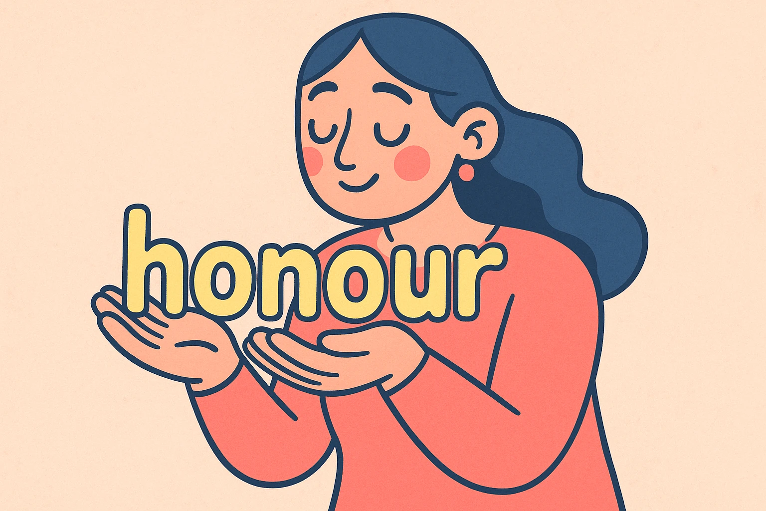 a woman gently cradling the word 'honour' in her hands, soft pastel cartoon style emoji