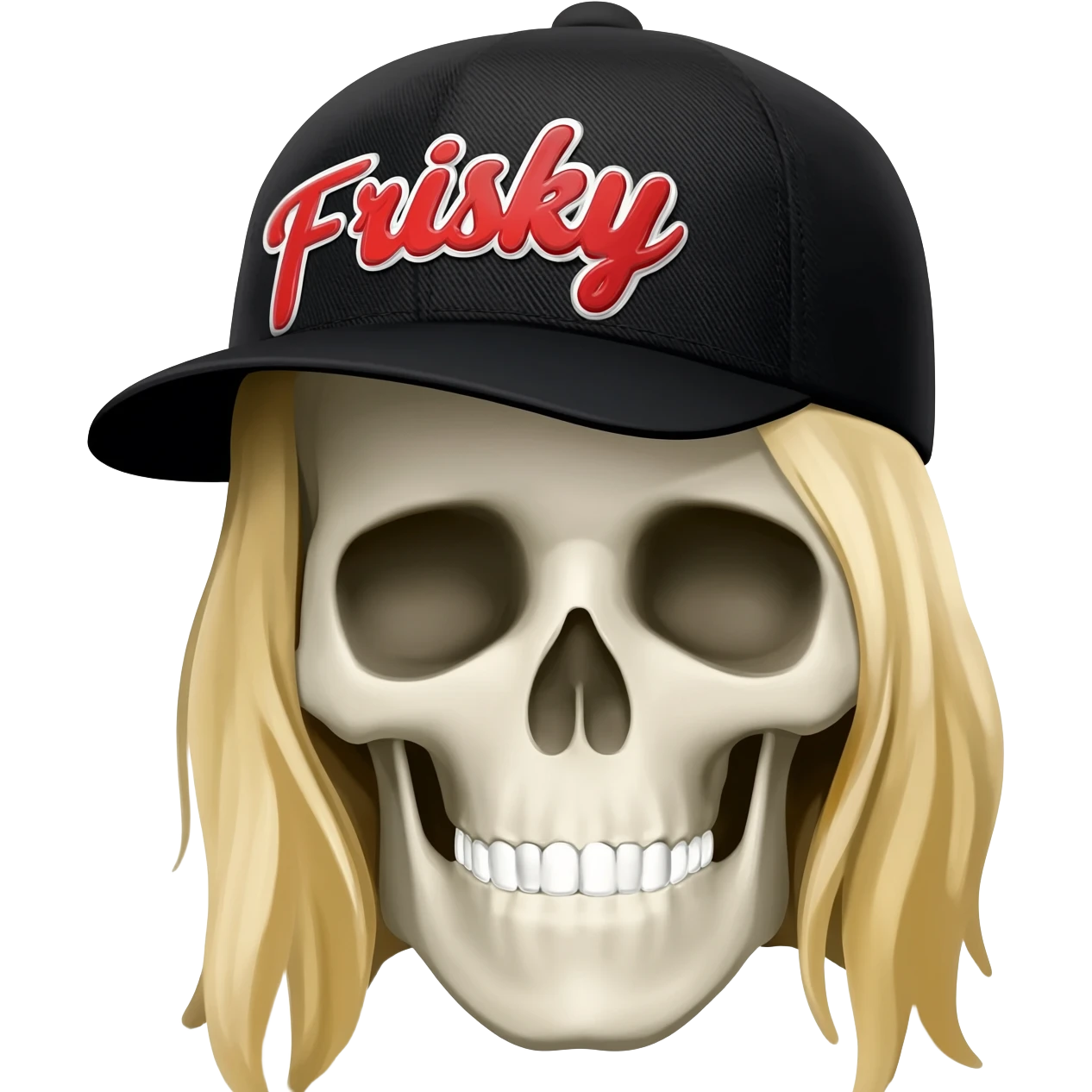 Create a skeleton head wearing a black baseball cap that says " Frisky " in red, and white lettering, with long blonde hair emoji