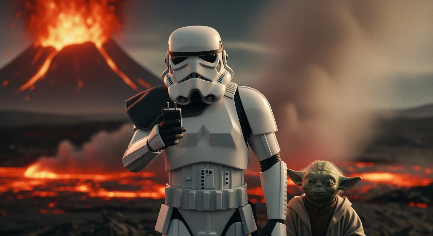 Cinematic still, vlog-style camera angle, Starwars stormtroopers vlogging , he is walking on lava planet with yoda emoji