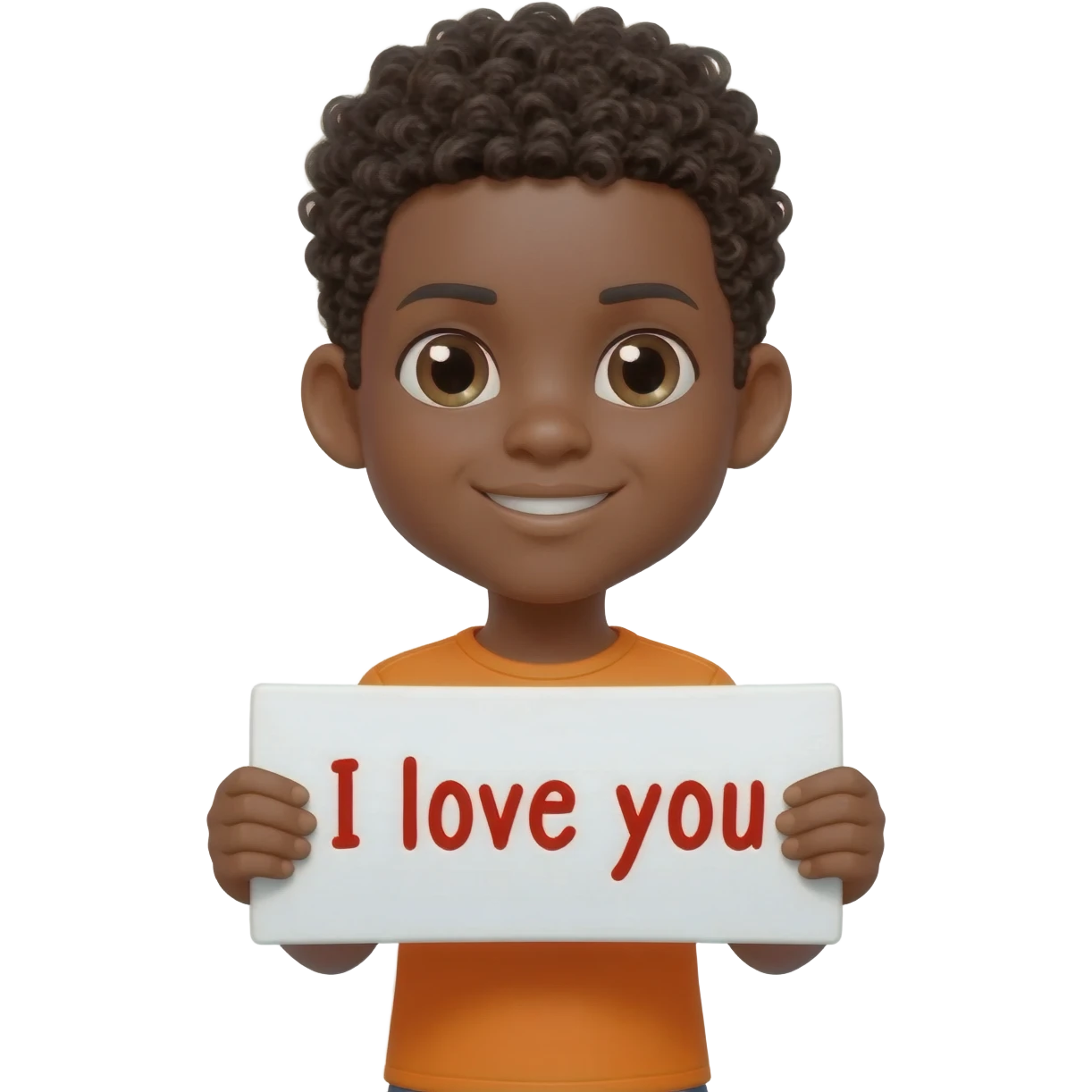 black boy curly hair orange shirt communicating I love you emoji