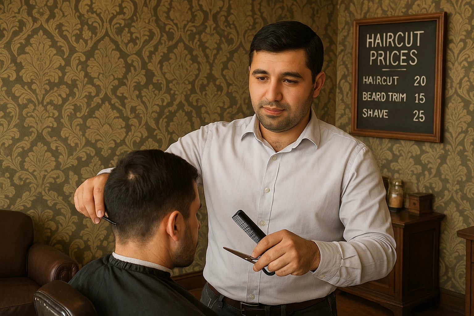 Draw me a picture of a barbershop that looks like this guy working in a barbershop. The barbershop doesn't have to be very modern. It should be on a medium floor. Also draw a blackboard on the wall. It should have the prices for haircuts there. emoji