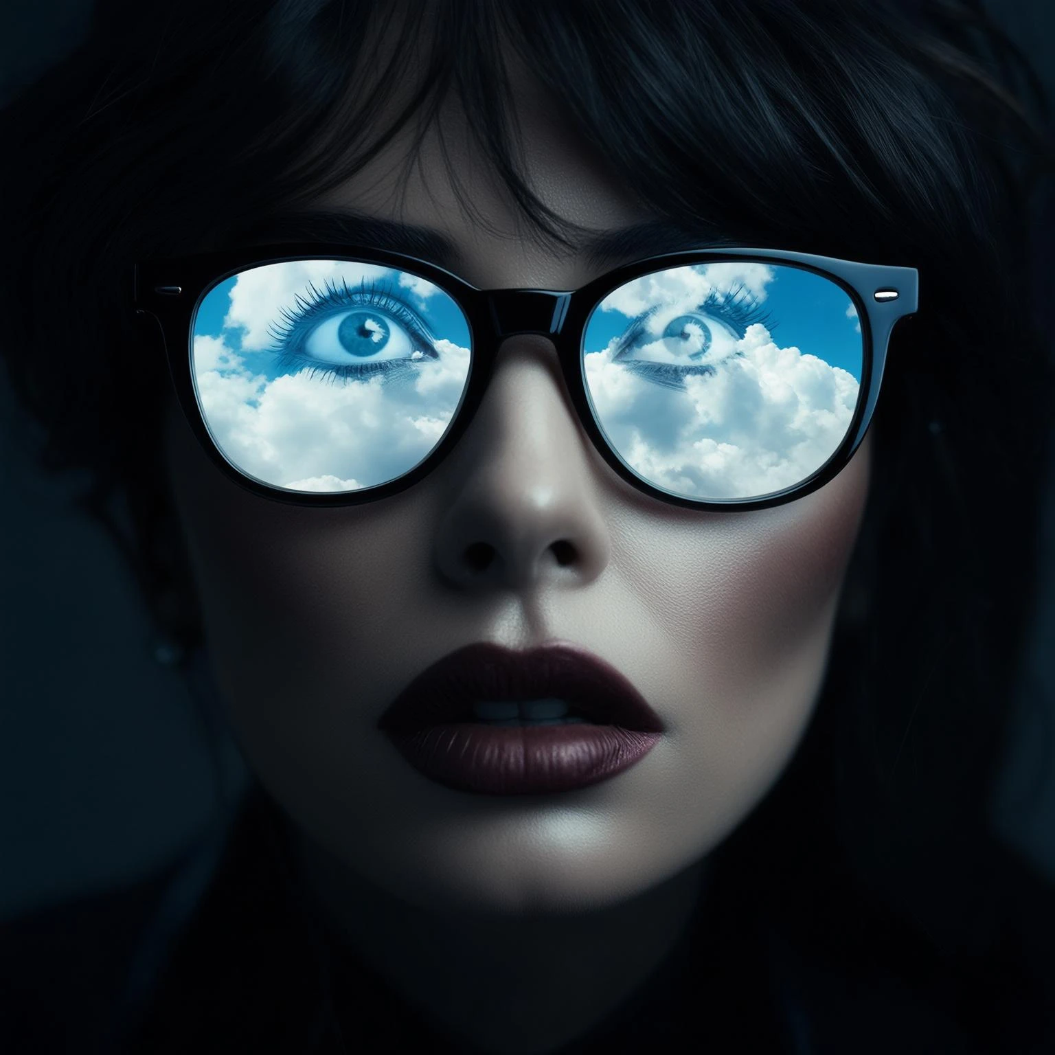 extreme closeup Photo of a beautifull woman with dark hairs and dark uotfit looking up (like villain), orange background, minimalistic, glasses with contrast reflection of blue sky and white clouds  emoji