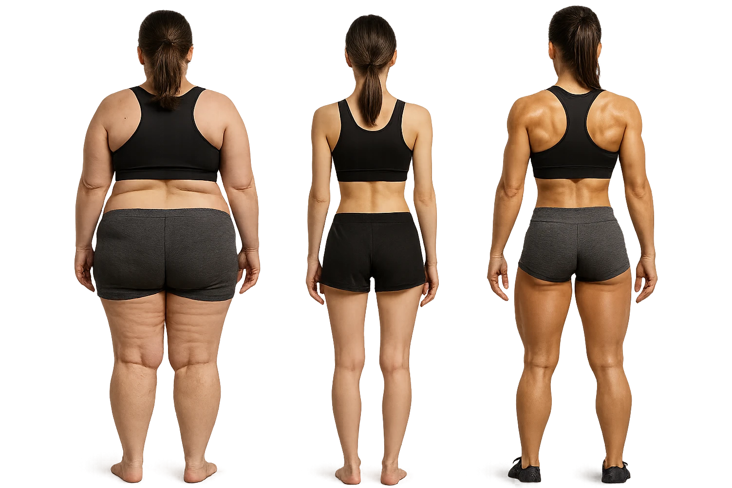 fai una donna di spalle in gym shorts leggermente sovrappeso e con cellulite e accanto una seconda donna di spalle magra (che è dimagrita post dieta) e accanto una terza donna in forma allenata e con le giuste proporzioni, l'immagine deve rappresentare il processo: da donna grassa, a donna piatta e magra, a donna allenata e in forma con i giusti muscoli, iperrealistico 4k emoji
