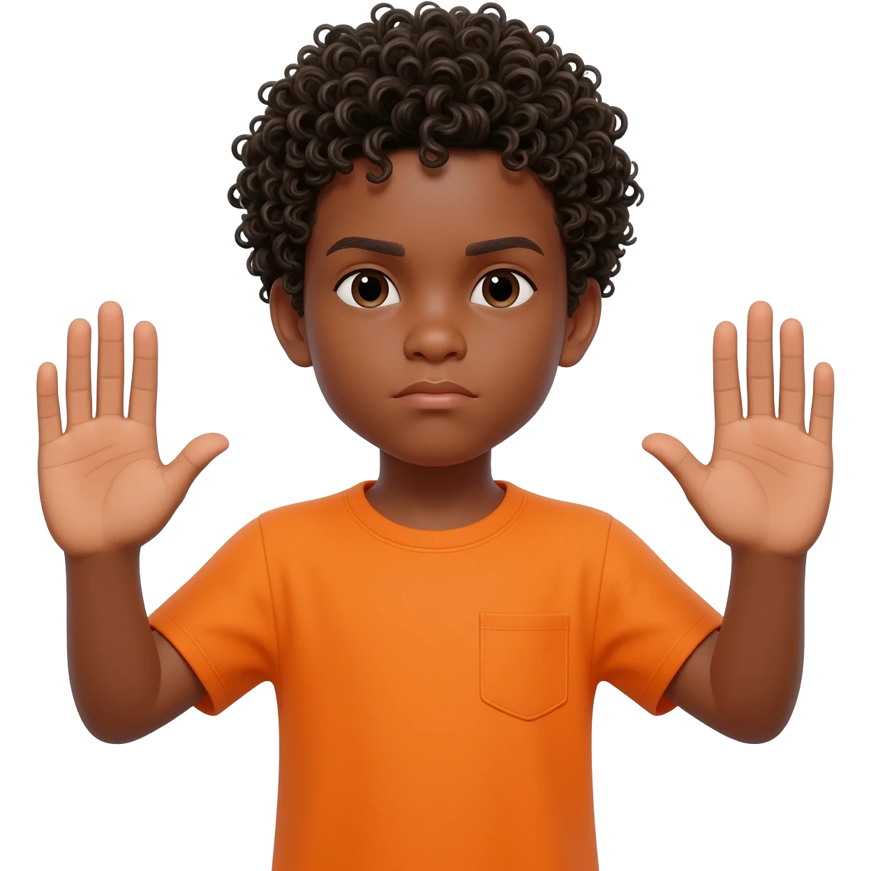 black boy curly hair orange shirt stop hands up serious face emoji