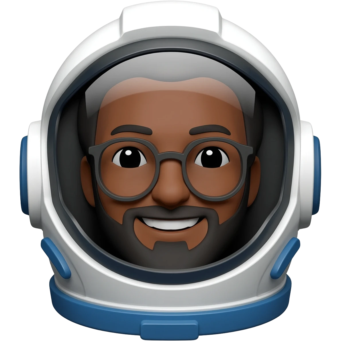 astronaut with helmet in space brown skin, black eyes, glasses and beard smiling a bit long hair emoji
