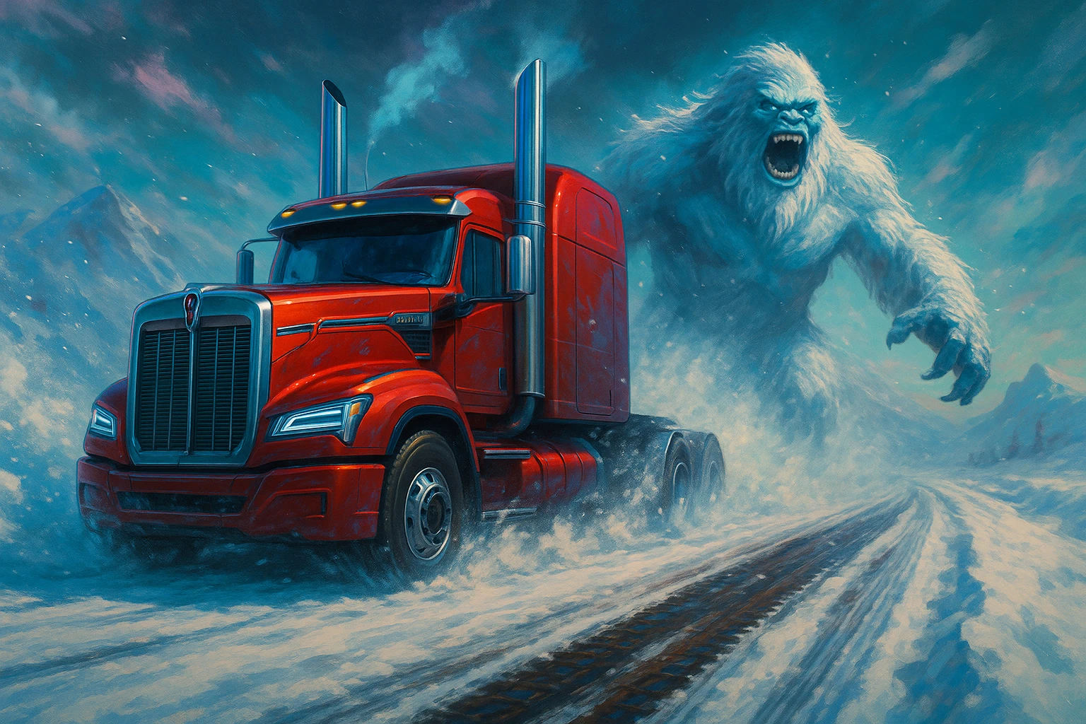 2026 Kenworth W680 flat top semi sleeper with stacks chasing an abominable snowman down the road, gpt image style emoji