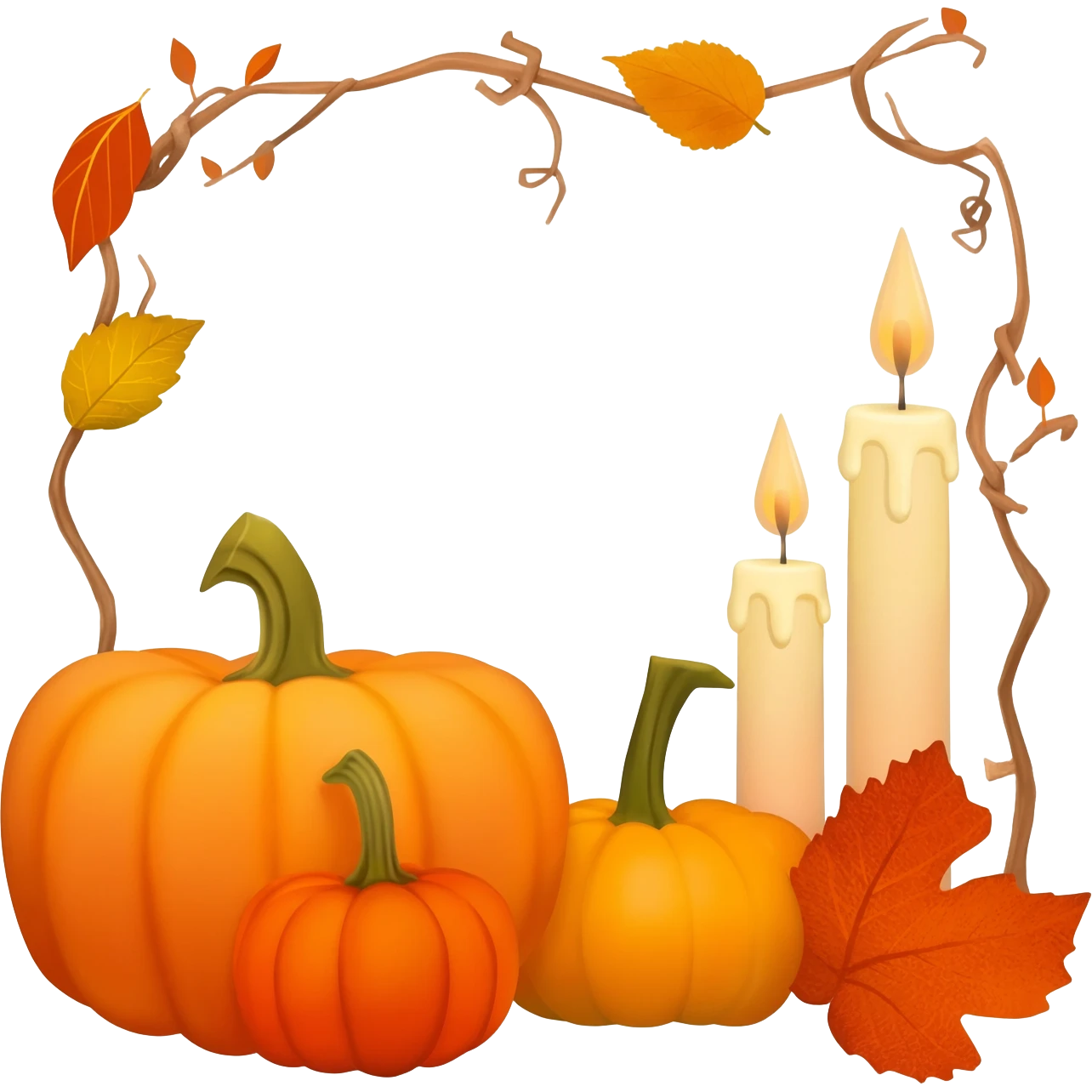 Small pumpkins, vines, leaves, candles, autumn vibes aesthetics  emoji