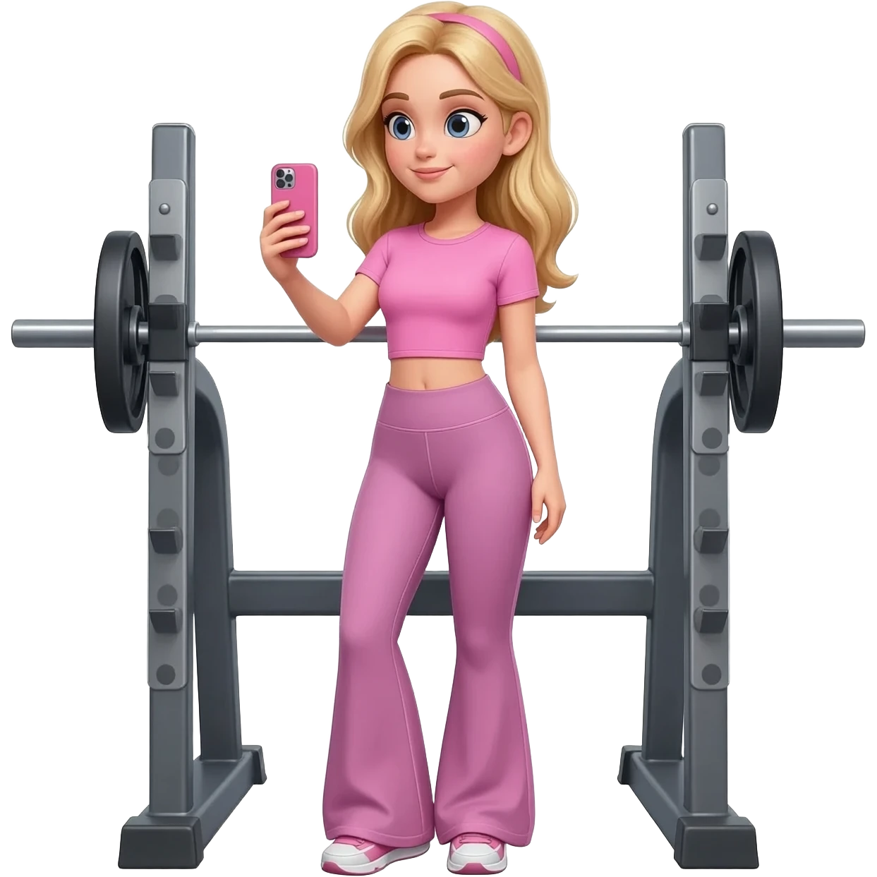 A blond girl wearing a pink workout set which is fitted tshirt pink, and wide leg leggings that are flowy on a hip trust on smith machine that is posing and taking a selfie in the gym emoji