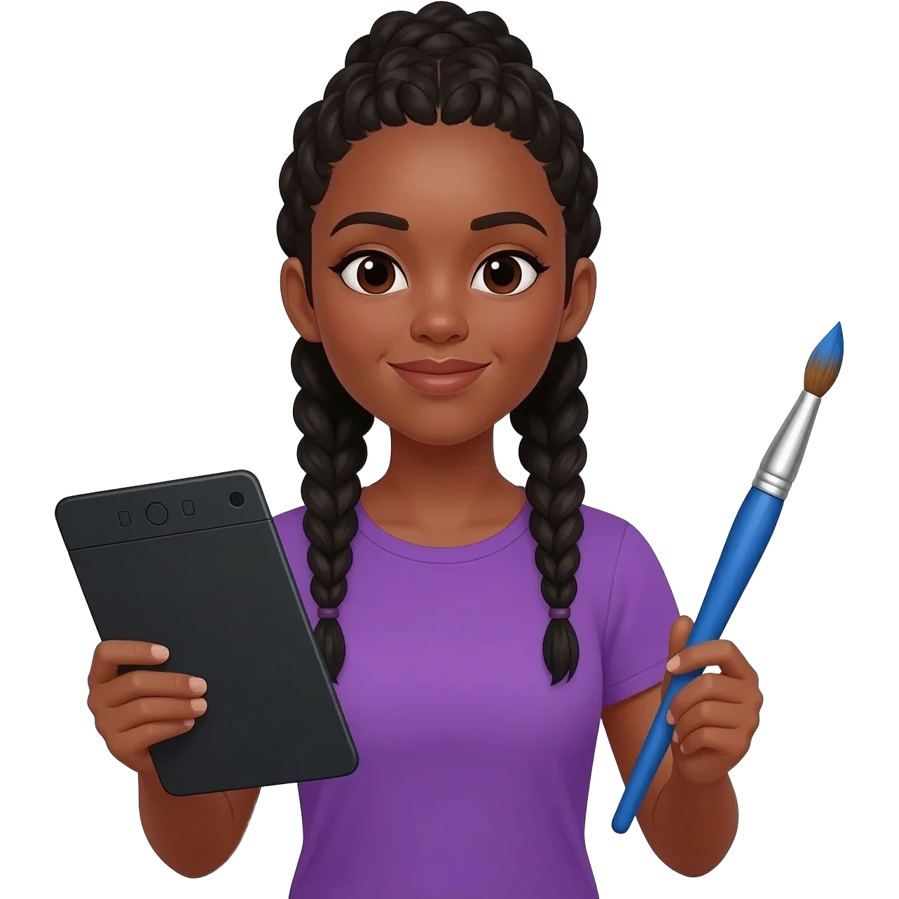 Emoji représentant une femme à la peau marron avec de longues braids noires et portant une belle chemise violette, tenant une tablette graphique dans une main et un pinceau dans l’autre emoji