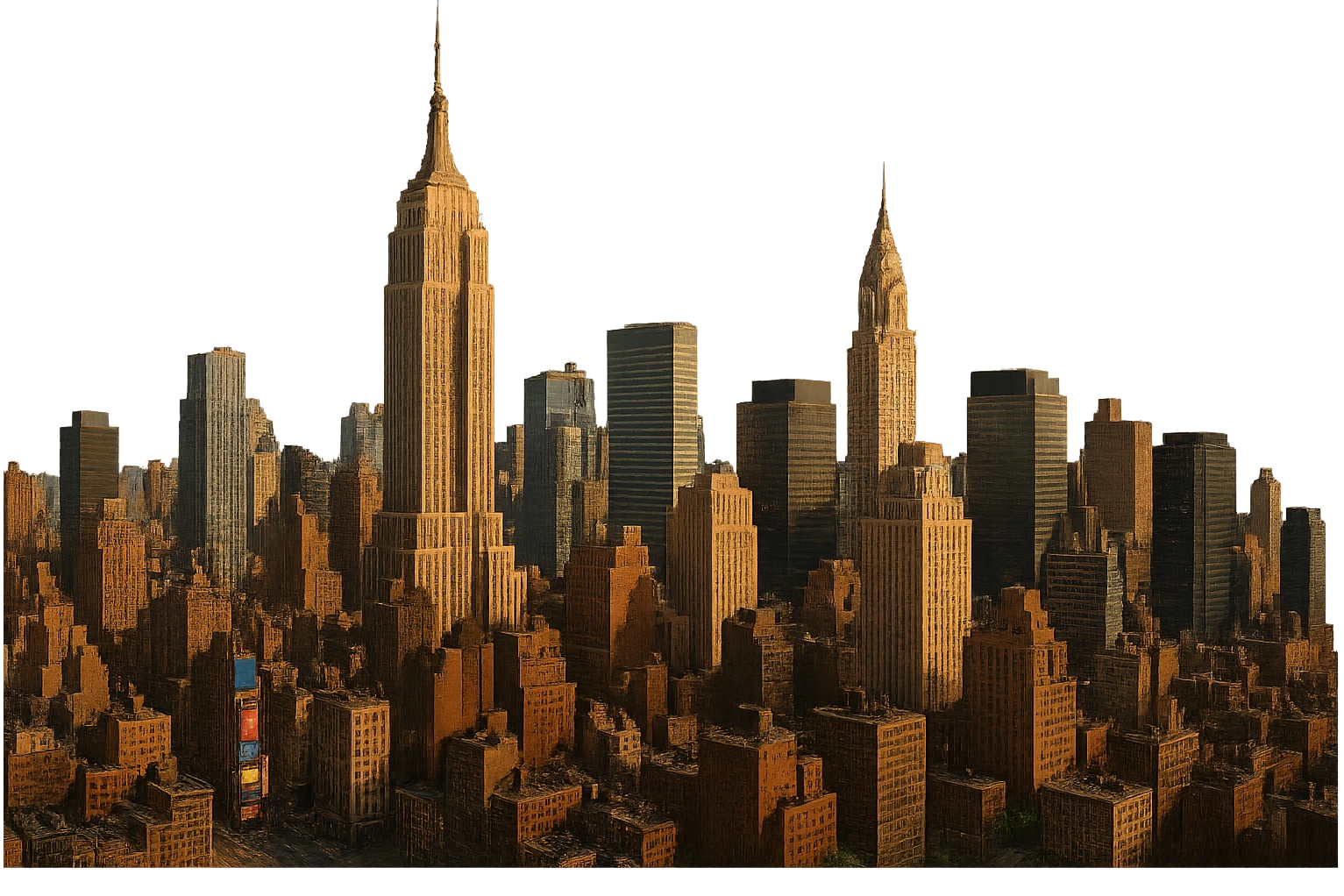 cinematic, realistic emoji of New York City, wide city view focusing on Midtown Manhattan with the Empire State Building, Chrysler Building, Times Square, and Rockefeller Center, lifelike architectural detail, accurate colors, bright daytime lighting, fully transparent background, no sky, no clouds, no city name label emoji
