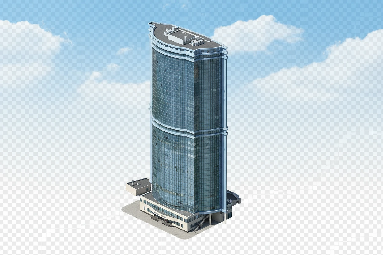 Изометричная, яркая, детализированная, объемная и фотореалистичная отдельная иллюстрация башни «Лазурные Небеса» в Казани. Чёткие контуры, не размазанные линии, высокое качество, прозрачный фон, не обрезать края картинки emoji
