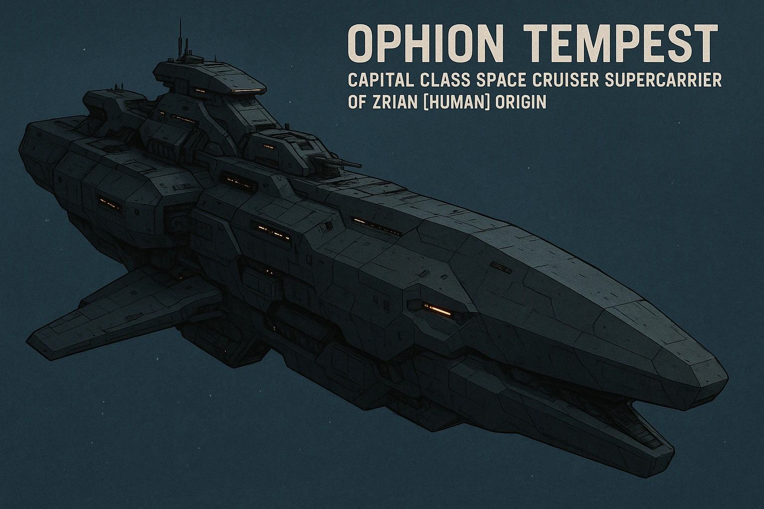 capital class space cruiser supercarrier of Zrian [human] origins, named the "Ophion Tempest"
The ship has a blocky military, yet sleek and angular design, mimicking a prehistoric sea-mammal or Cetacea  emoji