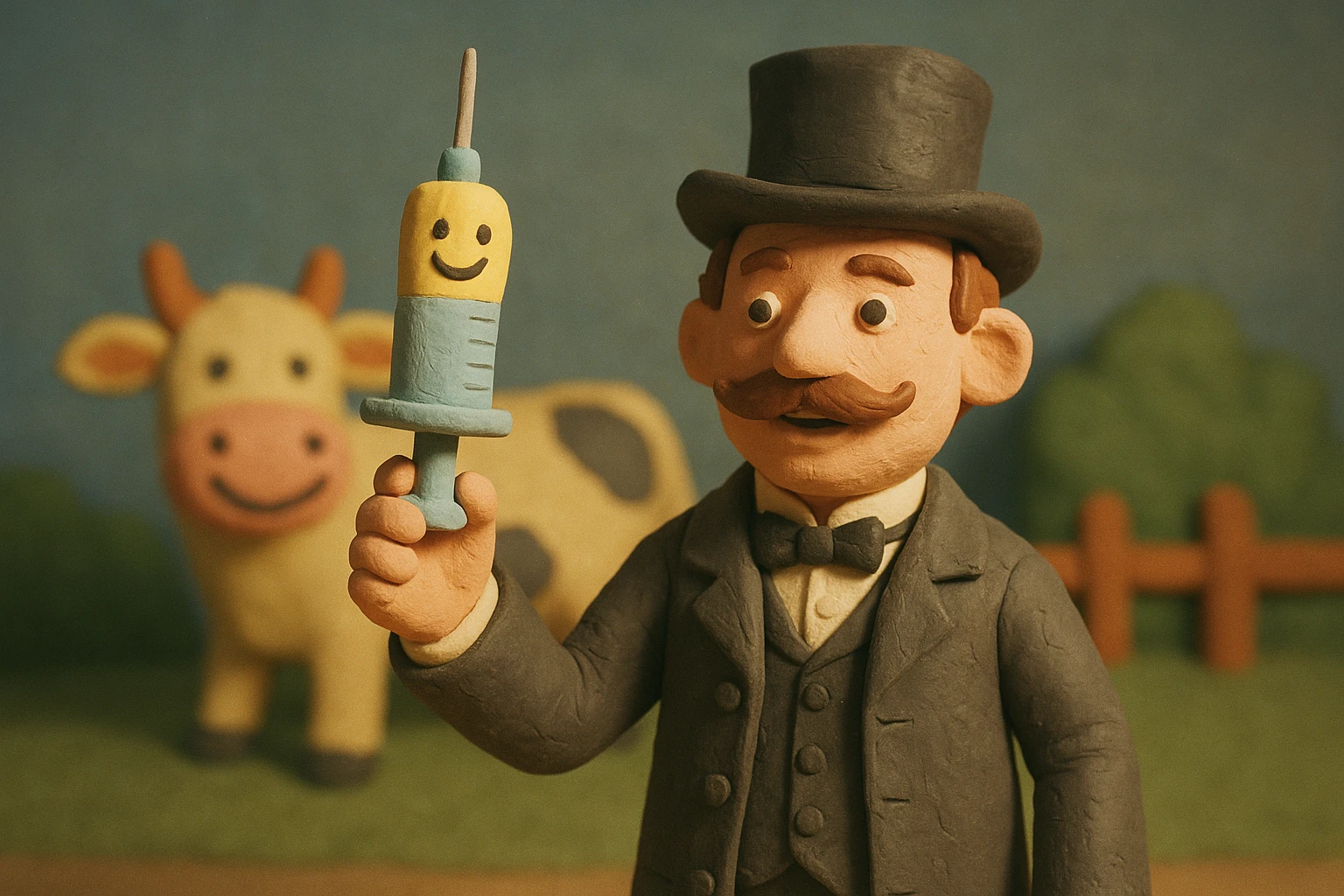 A Victorian doctor holding up a vaccination with a smiling face with a cartoon happy cow in the background emoji
