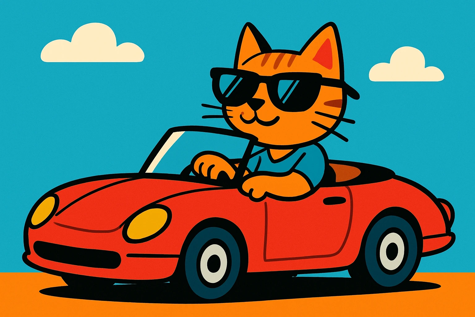 a cool cat wearing sunglasses in a red convertible, cartoon style emoji