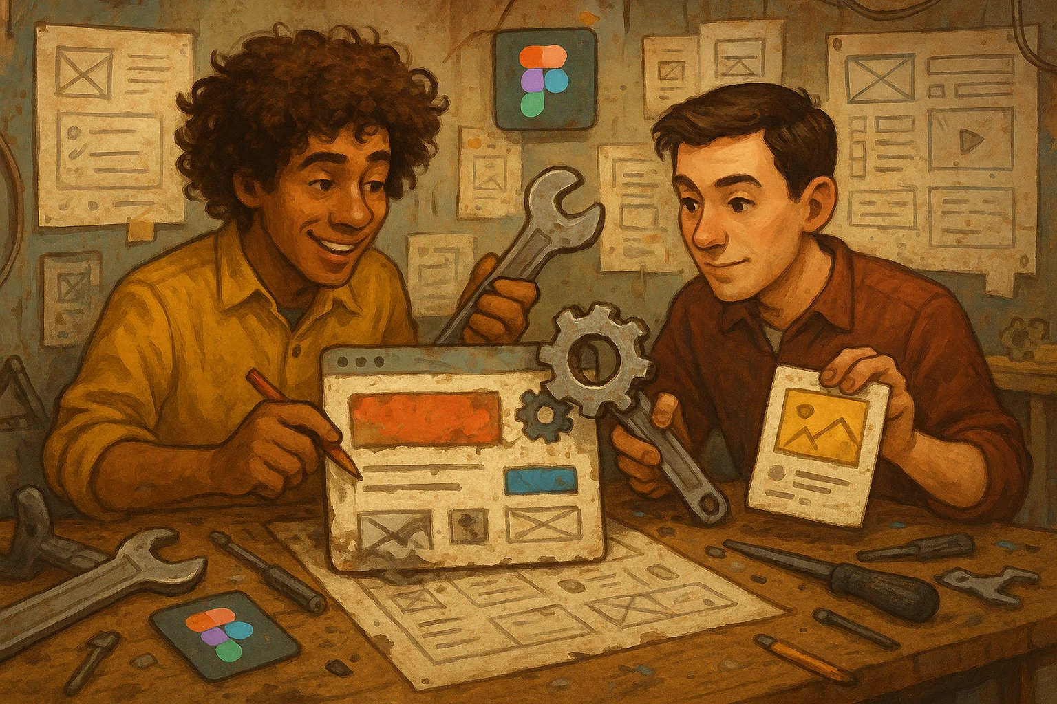 Two designers, one with curly hair and one with short dark hair, collaborating in a workshop filled with UI elements, tools like a wrench and ruler, and Figma icons. The environment is a mix of chaos and creativity as they repair and beautify old, messy UI components. emoji