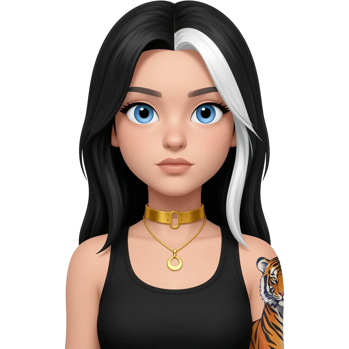 Emoji with blue eyes girl with long black and white hair wearing a gold choker neckless wearing black tank top tiger tattoo on right arm emoji