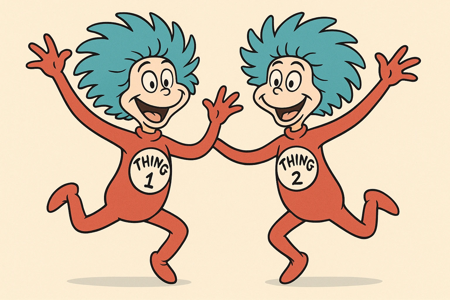 Thing One and Thing Two together, jumping, blue hair, red suits, white circles with 'Thing 1' and 'Thing 2', cartoon style emoji