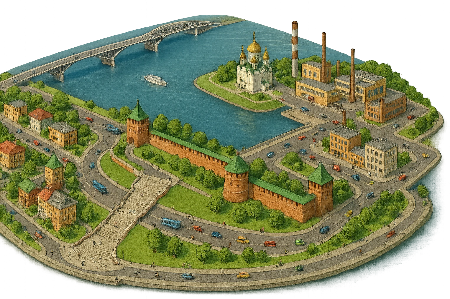 Изометричная миниатюрная фотореалистичная 3D модель панорамы Нижнего Новгорода - Нижегородский Кремль, Стрелка между Окой и Волгой, ГАЗ, Чкаловская лестница, Борский Мост через Волгу, нижегородские дома, автотранспорт четкие линии, яркие цвета, мультяшный реализм, люди, автотранспорт, компактная композиция, вид сверху в изометрии, прозрачный фон emoji
