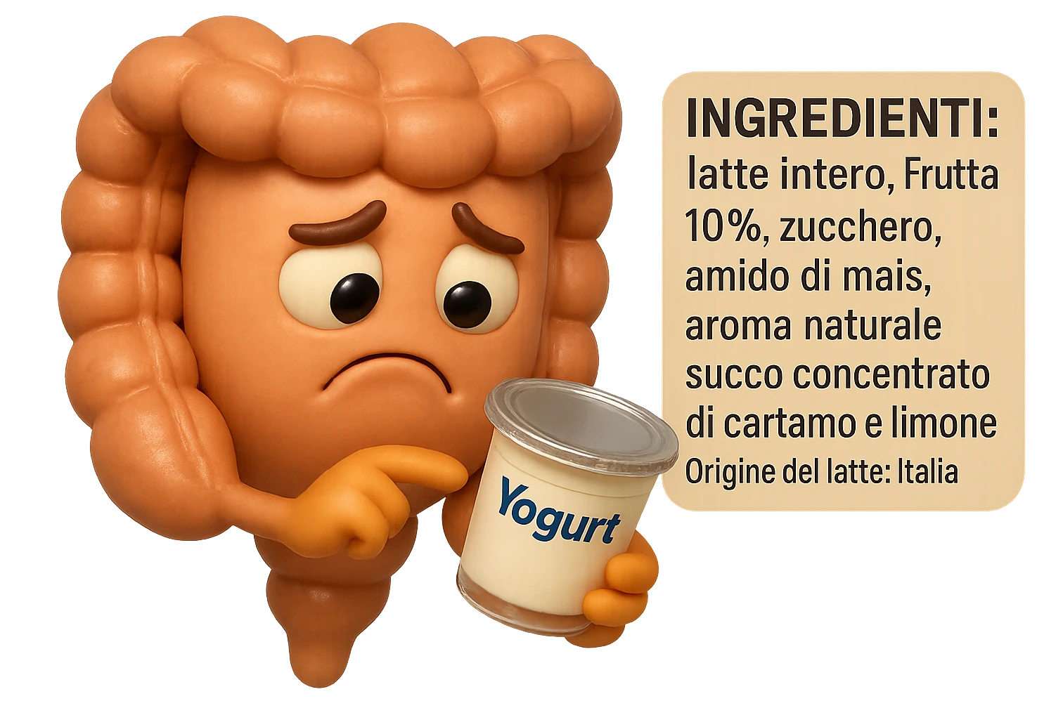 SU QUESTO STILE FAI UN EMOJI STILE IPHONE 3D DI UN INTESTINO CHE HA IN MANO UN BARATTOLO DI YOGURT CONFEZIONATO DA SUPERMERCATO E LEGGE L'ETICHETTA NUTRIZIONALE CON GLI INGREDIENTI IN ITALIANO, ACCANTO ALLO YOGURT CHE HA IN MANO C'è UN FOCUS SULL'ETICHETTA CON GLI INGREDIENTI SCRITTI, FAGLI UN ESPRESSIONE CONFUSA MENTRE LEGGE E FALLO MOLTO REALISTICO IN 3D emoji