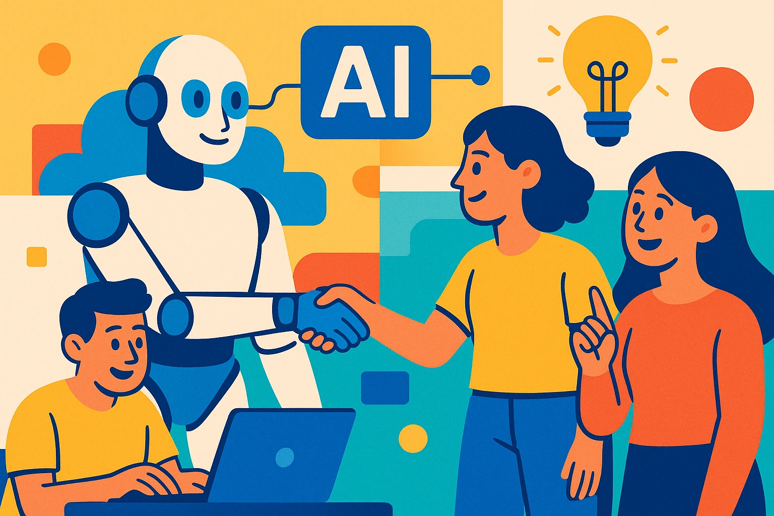 AI and People, modern, harmonious, technology meets humanity, vibrant colors emoji
