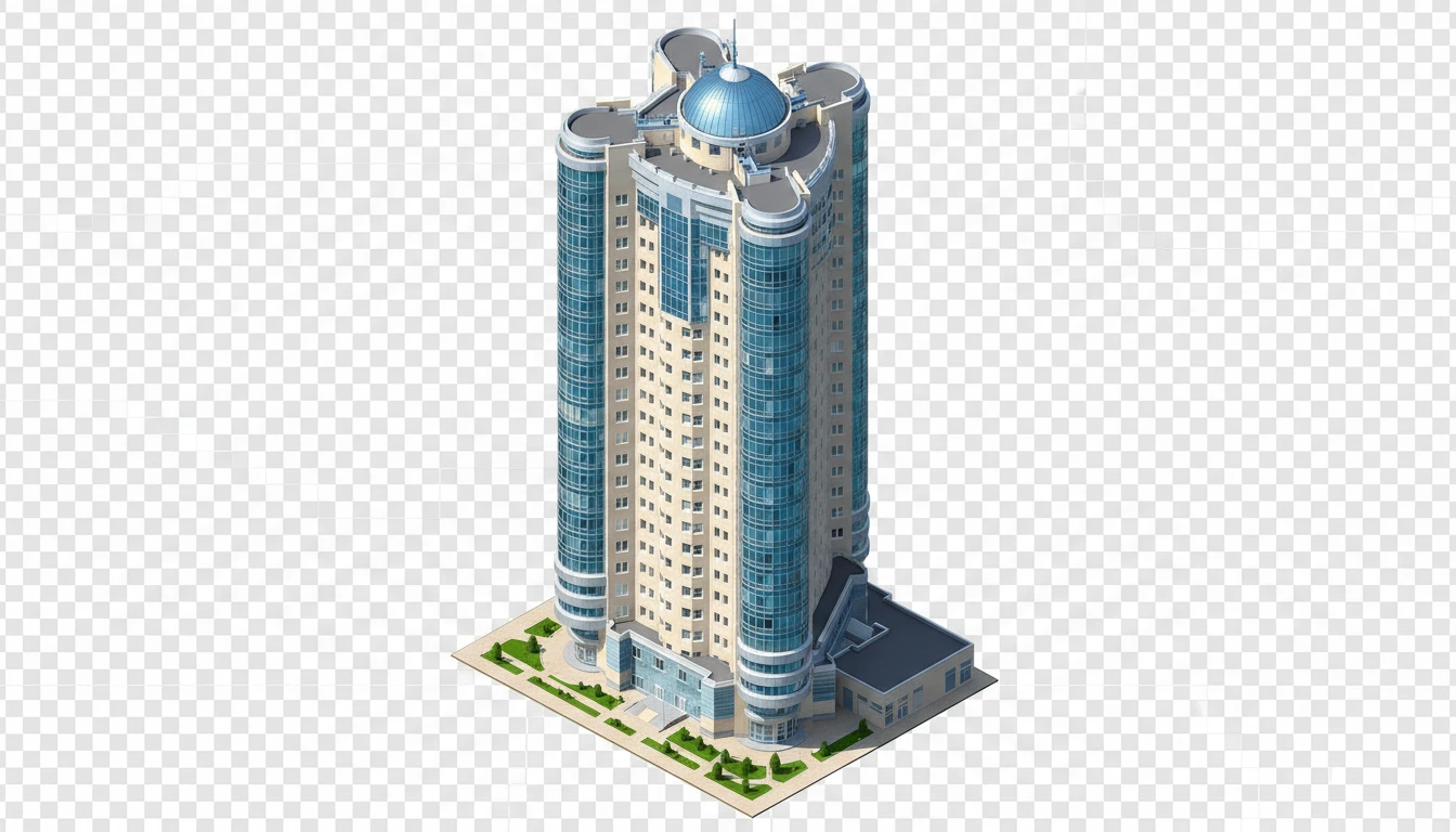 Изометричная, яркая, детализированная, объемная и фотореалистичная отдельная иллюстрация одной башни «Ладья-2» в Самаре. Чёткие контуры, не размазанные линии, высокое качество, прозрачный фон, не обрезать края картинки emoji