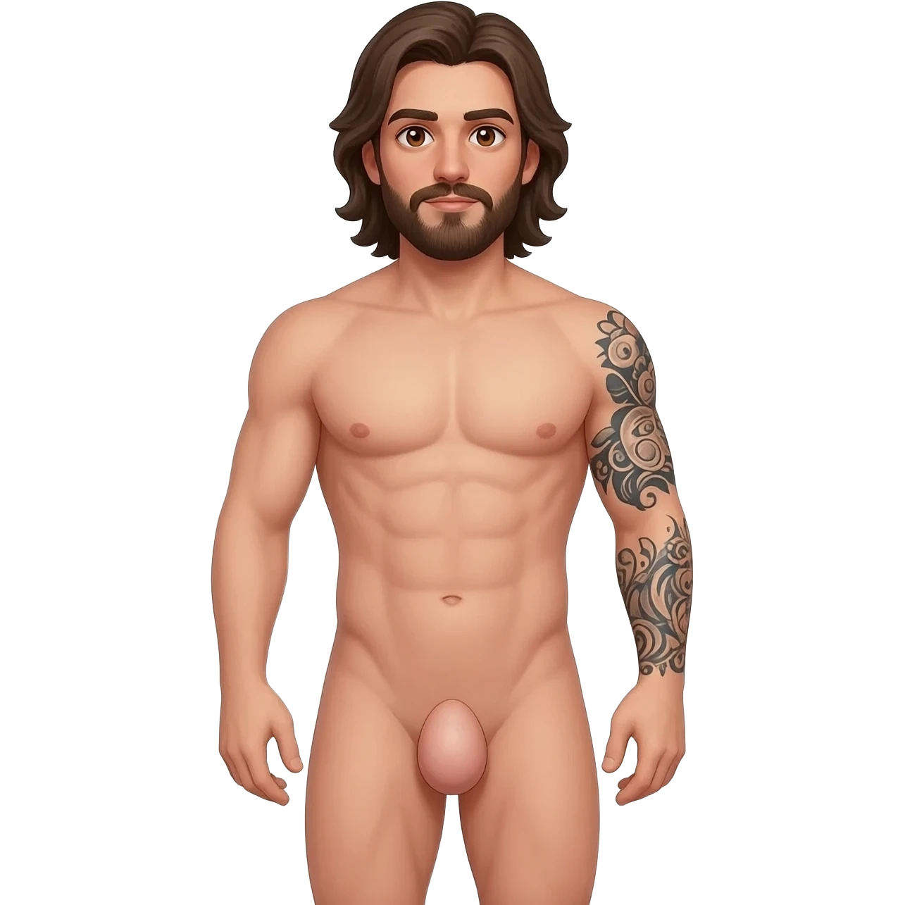 Male brunette beard, brown eyes, long hair, arm sleeve tattoo, full naked body with a 20 inch big penis emoji