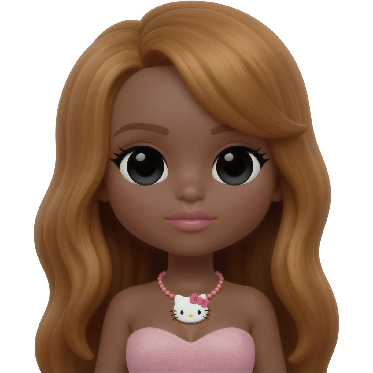 hello kitty necklace, doll eyes, Doll, big chest, dark brown skin, long honey brown hair, black cute eyes, pink bows with cute lips emoji