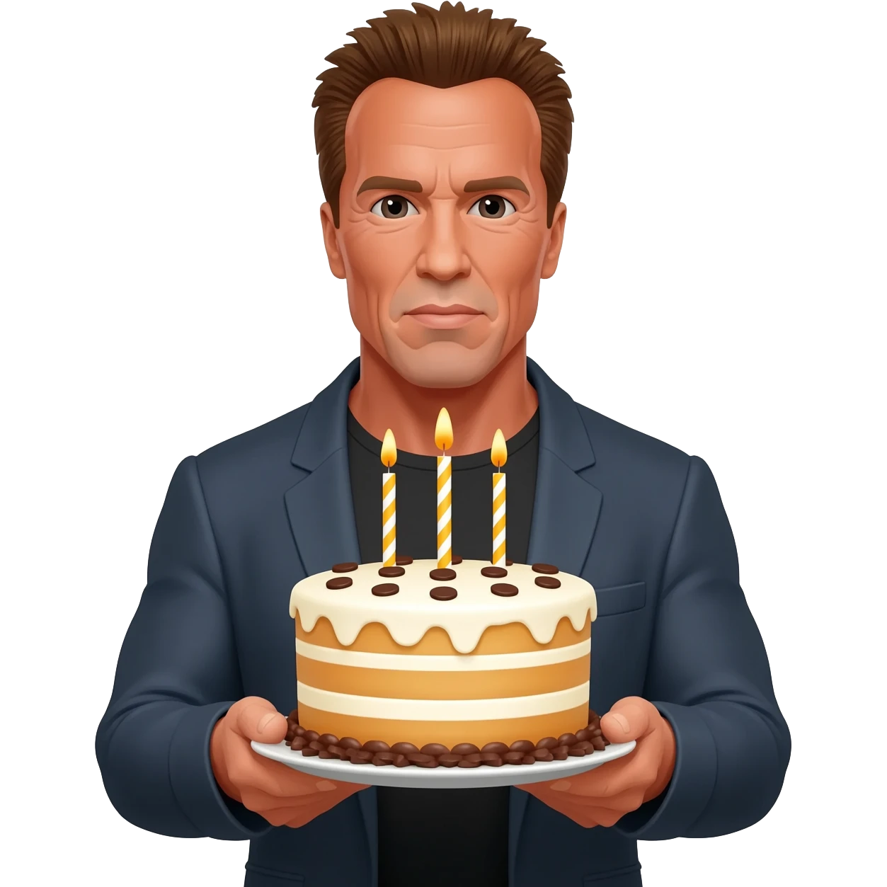 Arnold Schwarzenegger holding his birthday cake with chocolate chip on to it emoji