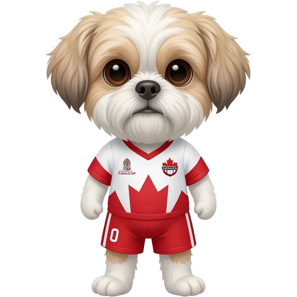 white and light brown shih zhu wearing a Canada white and red soccer jersey v neck 2026 work cup emoji
