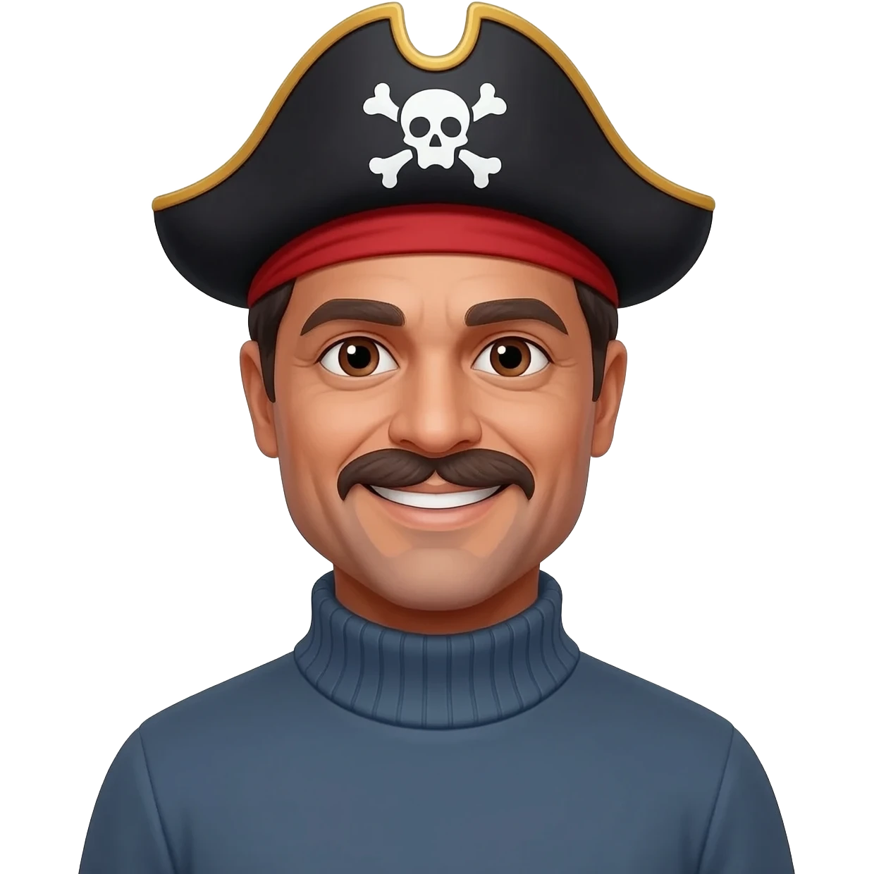 middle aged male indian primary school teacher looks like brad pitt without a moustache wearing a thick plain roller-neck jumper with a pirate headband and no hat emoji
