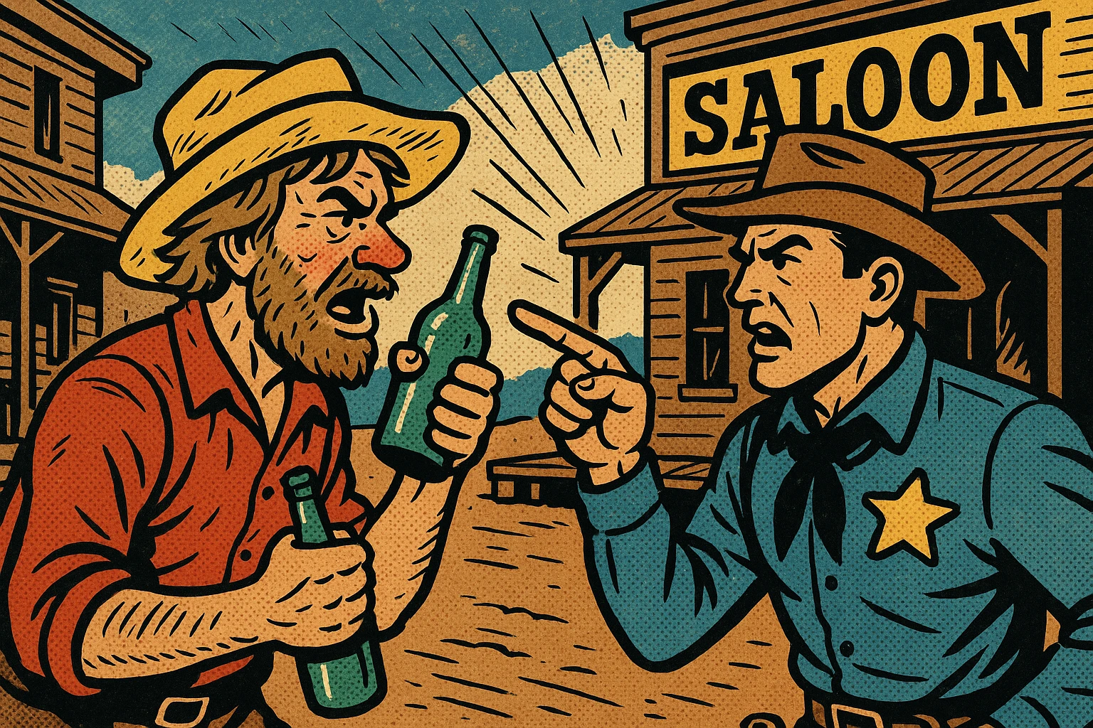 A drunk gold prospector in an early mining town in the American West during the Gold Rush in an argument with the local sheriff with a saloon in the background. emoji