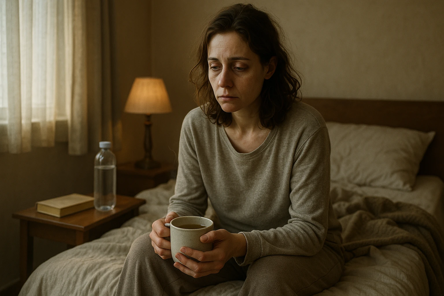 A cinematic, realistic scene of a woman in her early 30s, pale and tired, sitting on her bed in the morning. She is slouched, with dark circles under her eyes, wearing loungewear and holding herbal tea. The bedroom is softly lit, cozy but a bit messy, with a blanket, water bottle, and book on the nightstand. The light highlights her exhausted expression, representing chronic fatigue syndrome with compassion and dignity. emoji