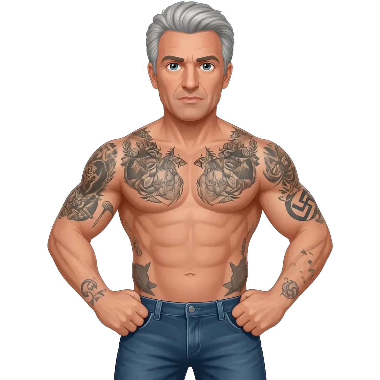 Pete Hegseth with Grey hair shirtlesswith nazi tattoos in a realistic style, powering up like a super hero in a photo realistic unflattering style, full body emoji