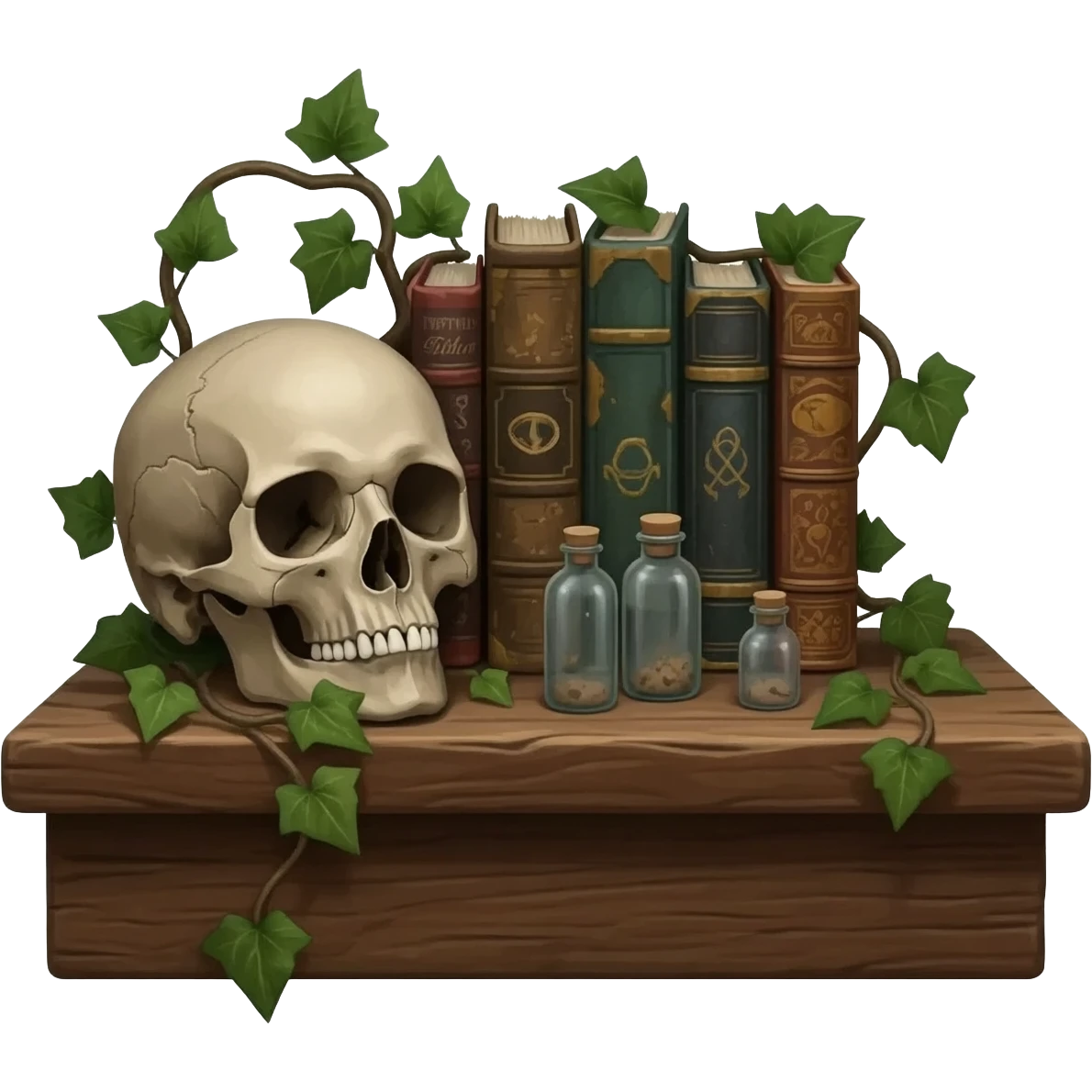 victorian still life arranged on a wooden board, includes a corpse's head, tiny dusty bottles, old battered books, some wrapped ivy emoji