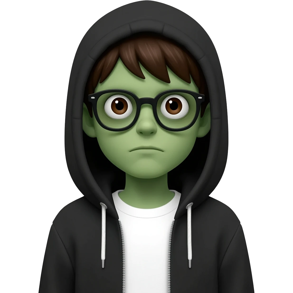 zombie boy with white tshirt and black brownish hair and with black glasses frames on hair is texturized young boy and round face more green face and dark brown eyes black thick cotton y2k hoodie with the white t-shirt under it hood of hoodie is standing up a slight bit and no ties on hoodie emoji