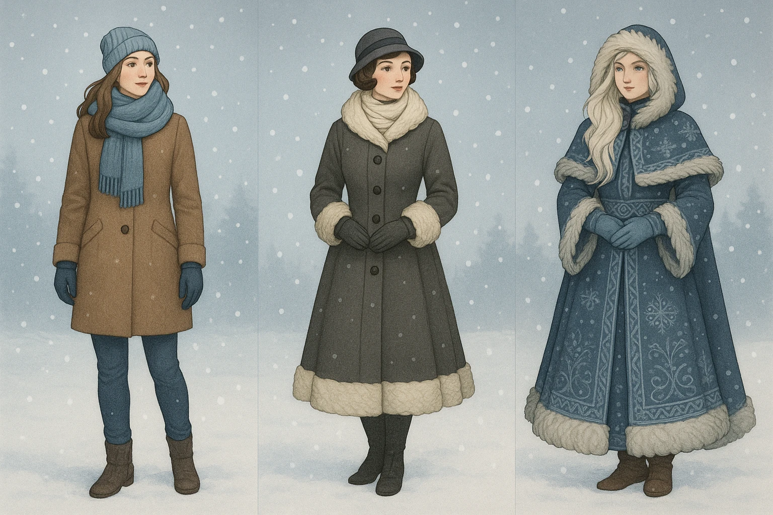 woman character evoking winter, wearing warm clothing, snow, winter atmosphere, diverse styles emoji