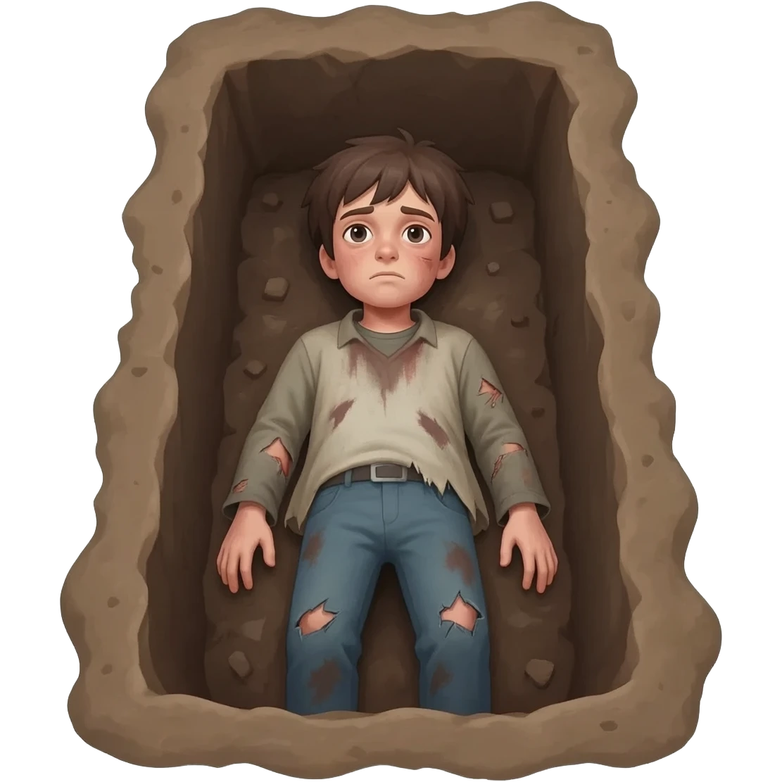 нарисуй бедного в рваной одежде парня 20-24 лет , как он лежит в открытом грабу emoji