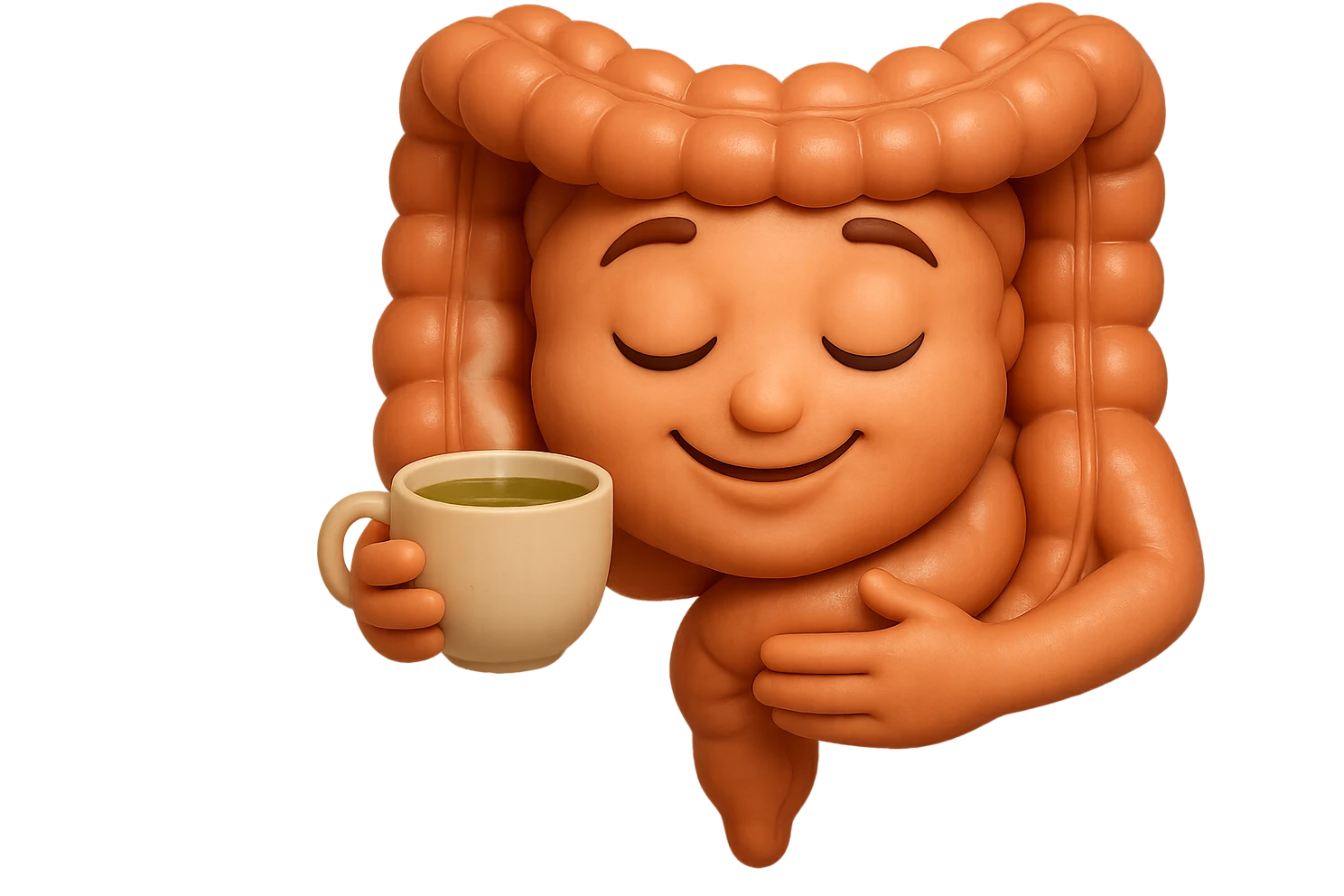 emoji stile iphone 3d di intestino umano sereno che si tocca la pancia mentre sorseggia un thè alle erbe, iperrealistico 4k emoji